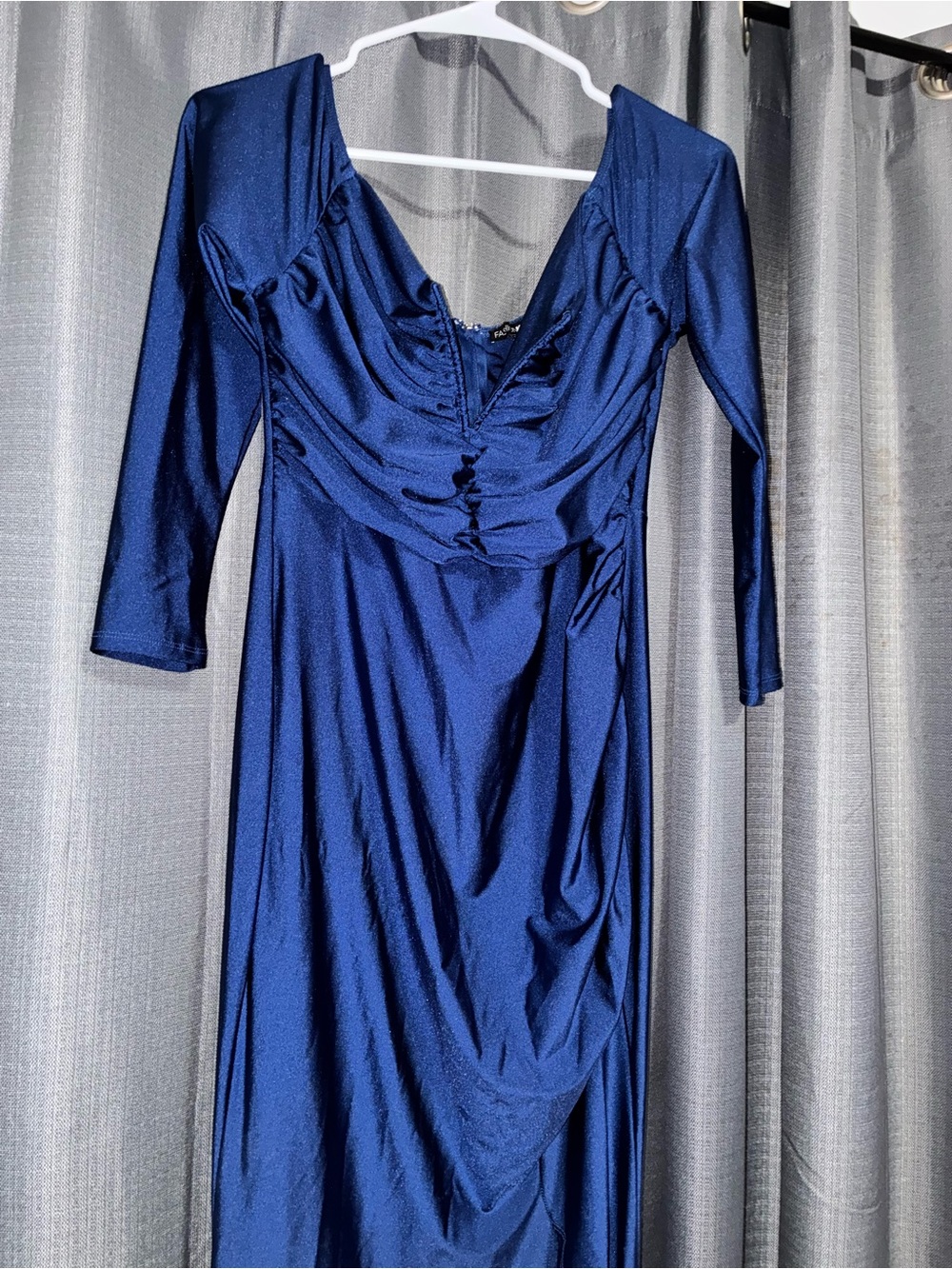 Fashion Nova Deep Blue Long Sleeve Satin Gown